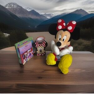 VTG Minnie Mouse 28in Bundle With Books (7) & a collectible tin purse.